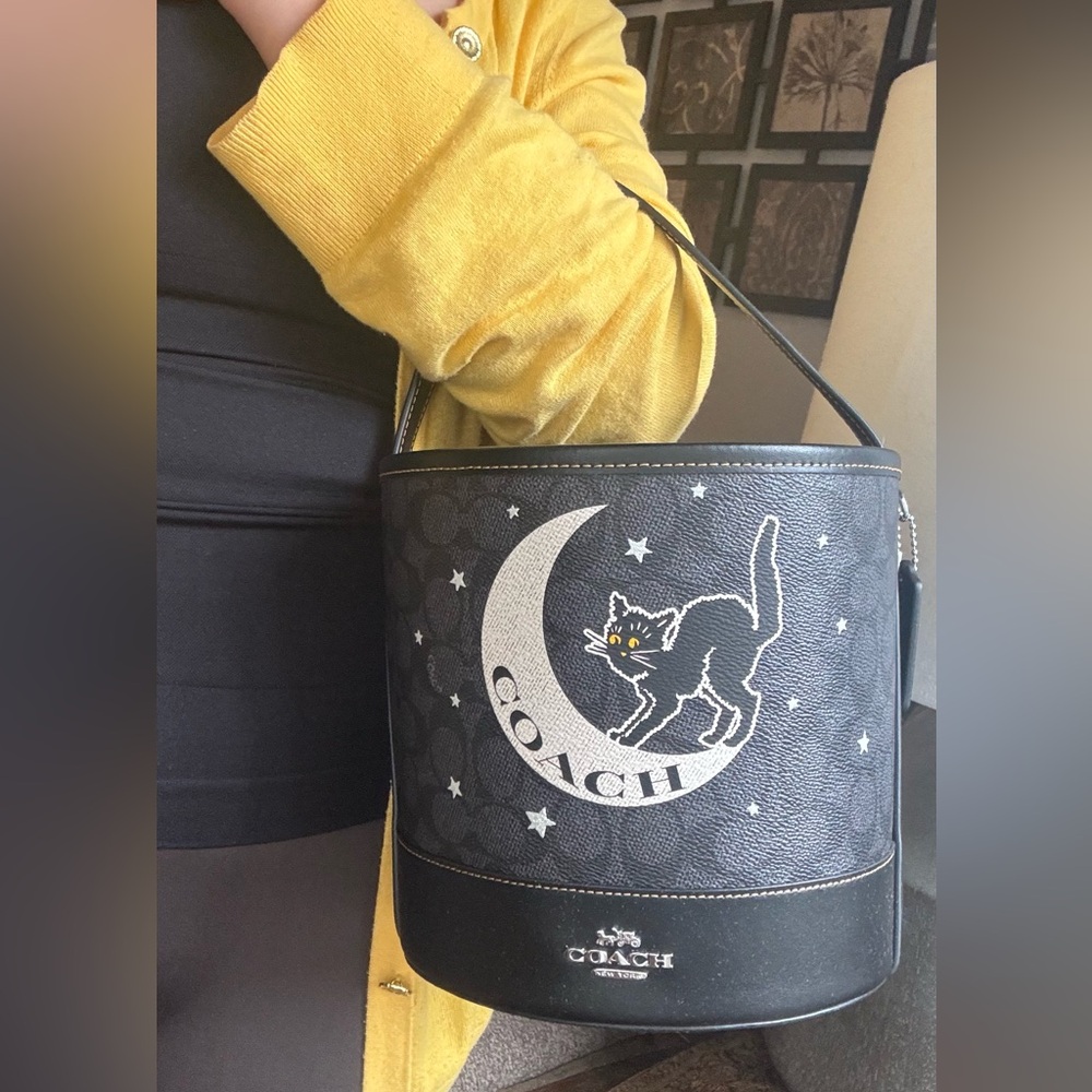 Authentic Coach Signature/Smooth leather w Celestial Cat Design bucket shoulder - Picture 14 of 15